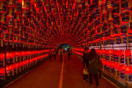 JINJU , SOUTH KOREA - OCT 07 : Tunnel of lanterns during the Jinju Lantern Festival in Jinju , South Korea on October 07 2018のeditorial素材