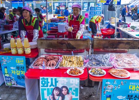 BUSAN , SOUTH KOREA - OCT 10 : The Jagalchi Fish Market in Busan South Korea on October 10 2018. The market is located on the edge of Nampo Portのeditorial素材
