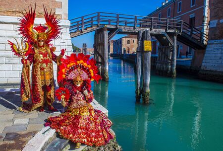 VENICE, ITALY - FEB 26 : Participants in the Venice Carnival in Venice , Italy on February 26 2019. The Venice Carnival is world-famous for itâs elaborate masksのeditorial素材