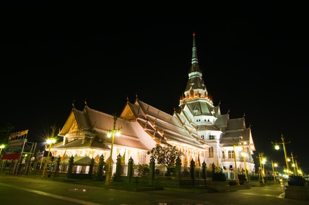 Sothorn temple in night at Chachoengsao province, Thailand.