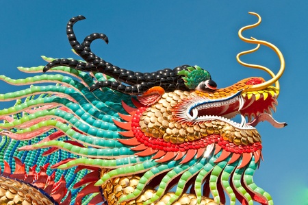 Head shot of colorful dragon statue with blue sky at public park, Thailand.の写真素材