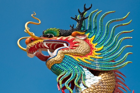 Head shot of colorful dragon statue with blue sky at public park, Thailand.の写真素材