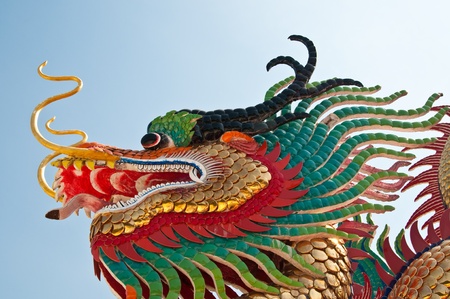 Head shot of colorful dragon statue with blue sky at public park, Thailand.の写真素材