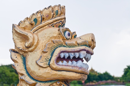 Face of Thai style lion statue, Thailand.の写真素材