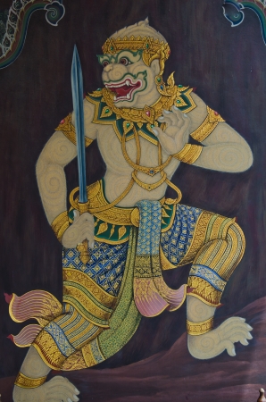 Hanuman drawing on public wall, Thailand のeditorial素材