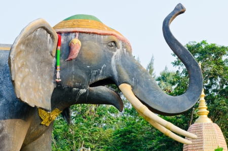 Head of elephant statue with blue sky, Thailand の写真素材