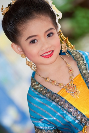 Head shot portrait of the Thai beautiful girl in Thai traditional suit, Thailand.の写真素材