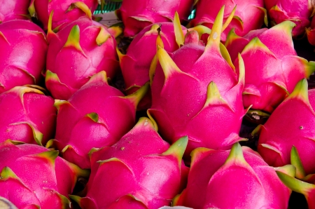 Dragon fruit on market stand, Thailand.の写真素材
