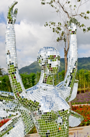 Modern sculpture in the garden made from small mirror, Thailand.のeditorial素材