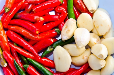 Fresh chili and garlic, Thailand.の写真素材