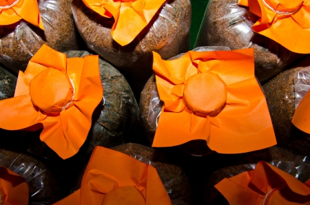 Infected mushroom bag at mushroom farm, Thailand.の写真素材