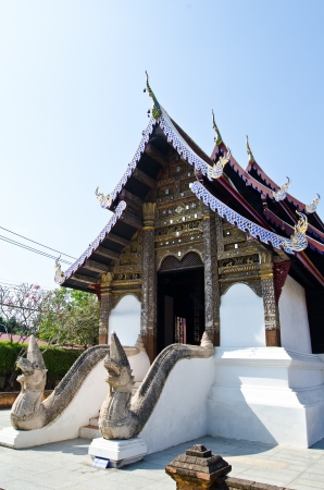 Thai Lanna style church with blue sky, Thailand.の写真素材