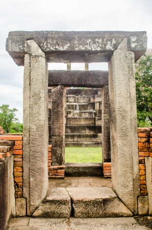 Door frame of ancient Prasat Non Ku castle, Thailand.の写真素材