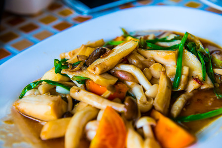 Stir three mushroom with oyster sauce, Thailand.の写真素材