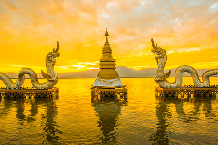 White Naga statue at Kwan Phayao, Thailand.の写真素材