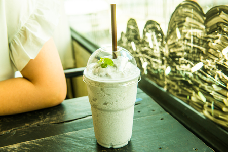 Blueberry smoothie in plastic glass, Thailand.の写真素材