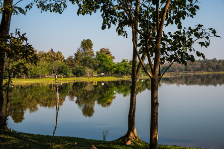 Landscape view of Huay Tueng Tao lake in Chiangmai province, Thailand.の写真素材