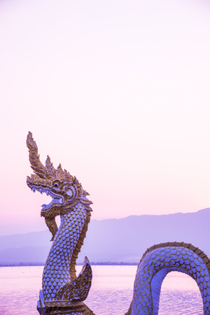 White Naga statue at Kwan Phayao with evening sun, Thailand.の写真素材