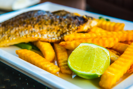 Grilled salted snapper with french fries on white plate, Thailand.の写真素材