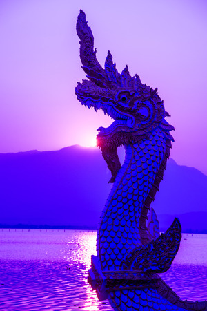 White Naga statue at Kwan Phayao with evening sun, Thailand.の写真素材