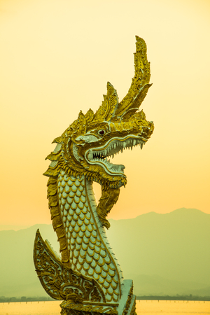 White Naga statue at Kwan Phayao with evening sun, Thailand.の写真素材