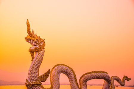 White Naga statue at Kwan Phayao with evening sun, Thailand.の写真素材