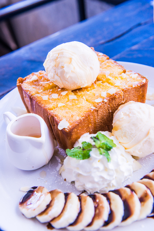 Honey Toast on White Dish, Thailand.の写真素材