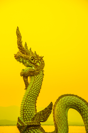 White Naga statue at Kwan Phayao with evening sun, Thailand.の写真素材