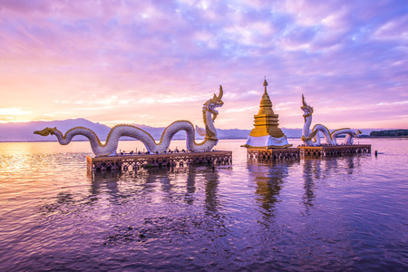White Naga statue at Kwan Phayao, Thailand.の写真素材