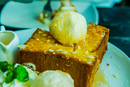 Honey Toast on White Dish, Thailand.の写真素材