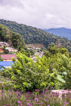 Village on mountain at Mon Cham, Thailand.の写真素材