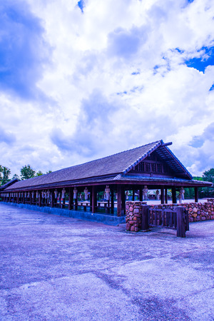 Beautiful Wooden Building in Cherntawan International Meditation Center, Thailand.の写真素材