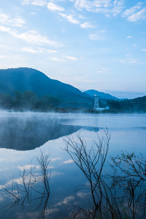 Lake with mountain in winter, Thailand.の写真素材