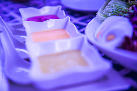 Set of salad dressing in white bowl, Thailand.の写真素材