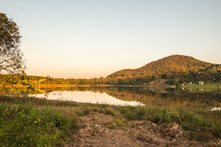 Mountain and lake with sunlight, Thailand.の写真素材