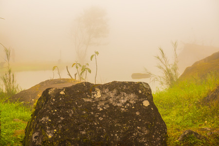 Lake view with fog in Thai, Thailand.の写真素材