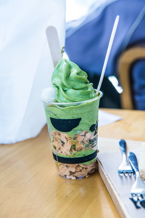 Matcha Ice cream in plastic glass, Thailand.の写真素材