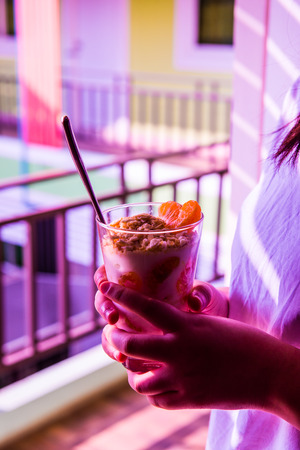 Orange Yogurt Parfait in Glass, Thailand.の写真素材