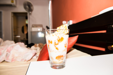Orange Yogurt Parfait in Glass, Thailand.の写真素材
