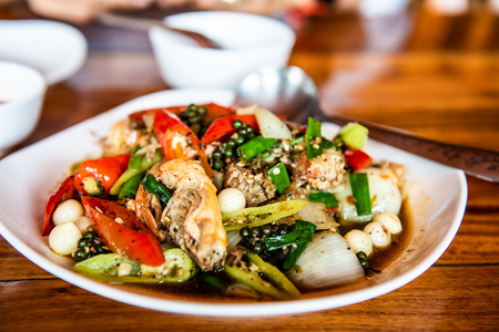 Stir fried prawns with black pepper and bell pepper, Thailand.の写真素材