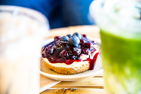 Blueberry Cheesecake on the table, Thailand.の写真素材