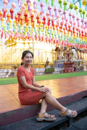 Asia woman in Lamphun province during The Lamphun Lantern Festival, Thailand.の写真素材