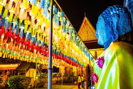 LAMPHUN, THAILAND - November 9, 2019 : Phra That Hariphunchai pagoda with beautiful lantern in Lamphun Lantern Festival, Lamphun province.のeditorial素材