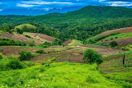 Agricultural area with mountain view of Mae Chaem district in Chiang Mai province, Thailand.