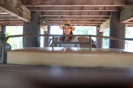 Asian woman with old carriage in Lampang province, Thailand.の写真素材