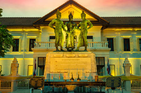 CHIANG MAI, THAILAND - April 10, 2020 : Three Kings Monument at Evening, Thailand.のeditorial素材