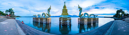 PHAYAO, THAILAND - July 21, 2020 : Panorama View of Kwan Phayao Lake at evening, Thailand.