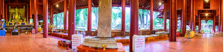 CHIANG RAI, THAILAND - July 18, 2020 :  Panorama View of Ancient Buddha Statue with Lanna Style Building in Wat Chedi Luang, Chiang Rai Province.のeditorial素材