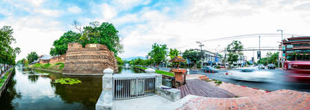 CHIANG MAI, THAILAND - April 26, 2020 : Panorama of Chaeng Si Phum ancient wall with city street, Chiang Mai province.のeditorial素材