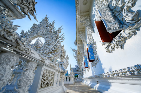 The Corridor with Thai Style Decoration in Rong Khun Temple, Chiang Rai Province.の写真素材